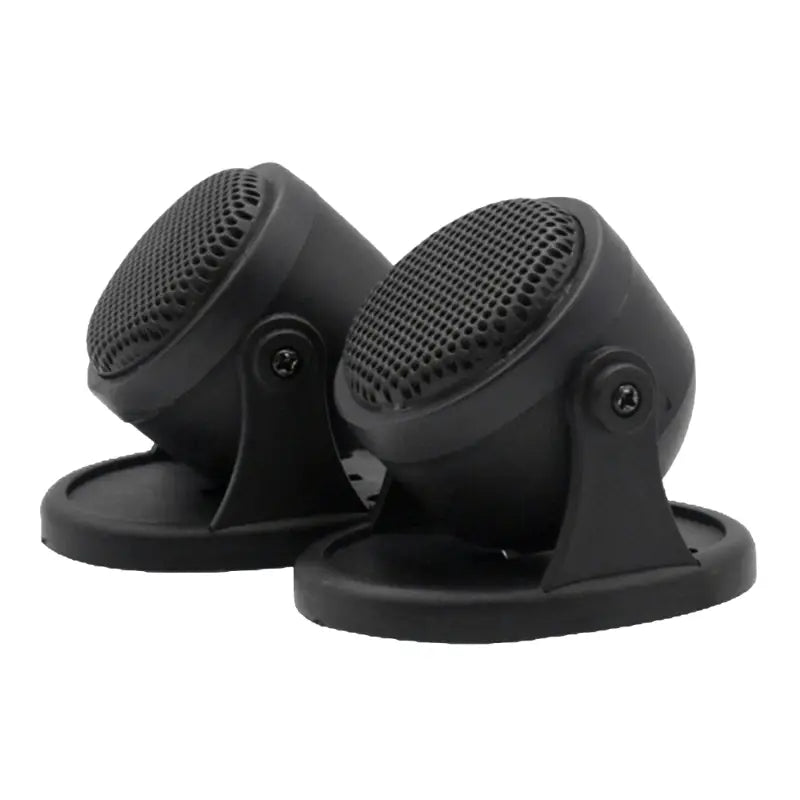 black compact dome-shaped car tweeter speakers with perforated grilles and mounting bases designed for high frequency hifi audio 20w performance