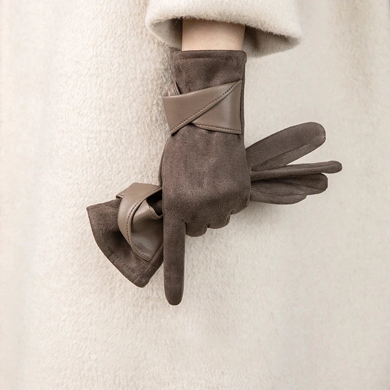 Warm Gloves With Velvet, Suitable For Women To Use In Winter, Touch Screen Elegant Bow Accessories, Cycling And Driving Gloves