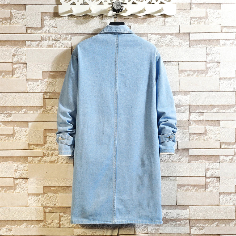 High Street Men's Trench Coat M-5XL Long Style Washed Retro Blue Black Denim Jacket Vintage Outerwear for Spring Autumn