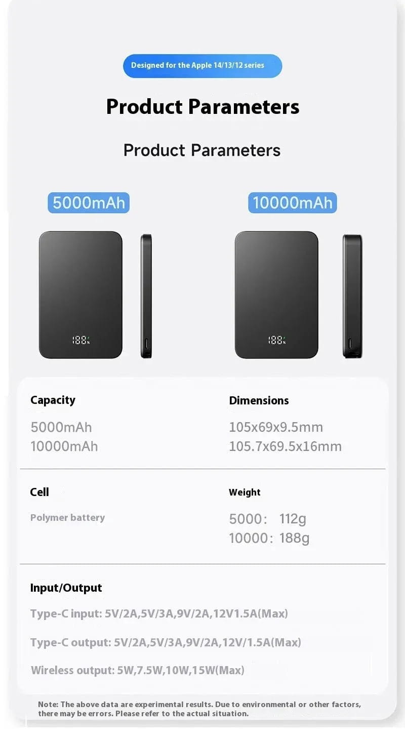 ブラックの長方形ポリマーバッテリーパワーバンク。5000mAhおよび10000mAhの容量に対応。マグネット式モバイルバッテリー20000mAh 急速充電製品としての急速充電を特長とする