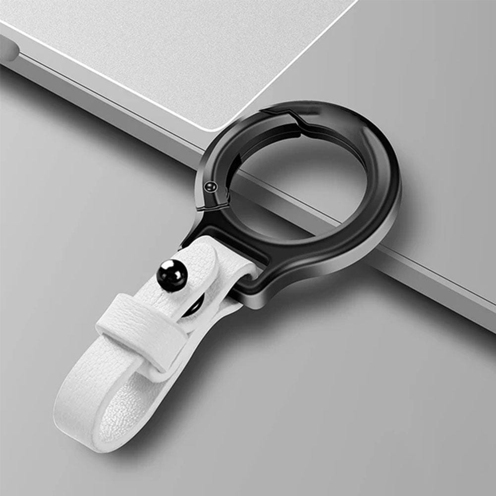 White leather strap with a black metal ring and spherical accent designed as a durable metal key ring holder for securing laptops or tablets in a leather car keychain gift.