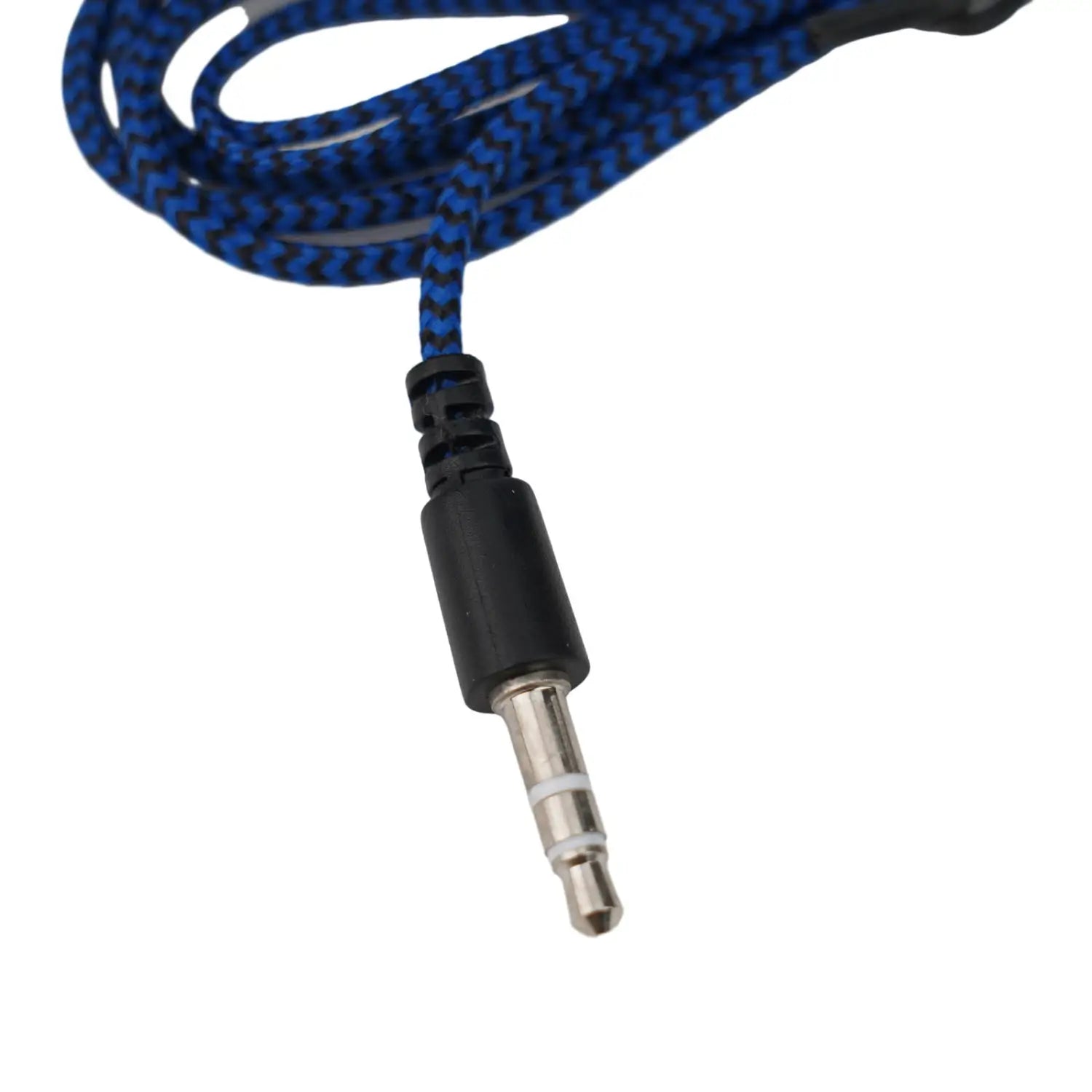Câble audio tressé bleu et noir avec connecteur mâle standard 3,5 mm pour des écouteurs intra-auriculaires stéréo filaires pour basses.