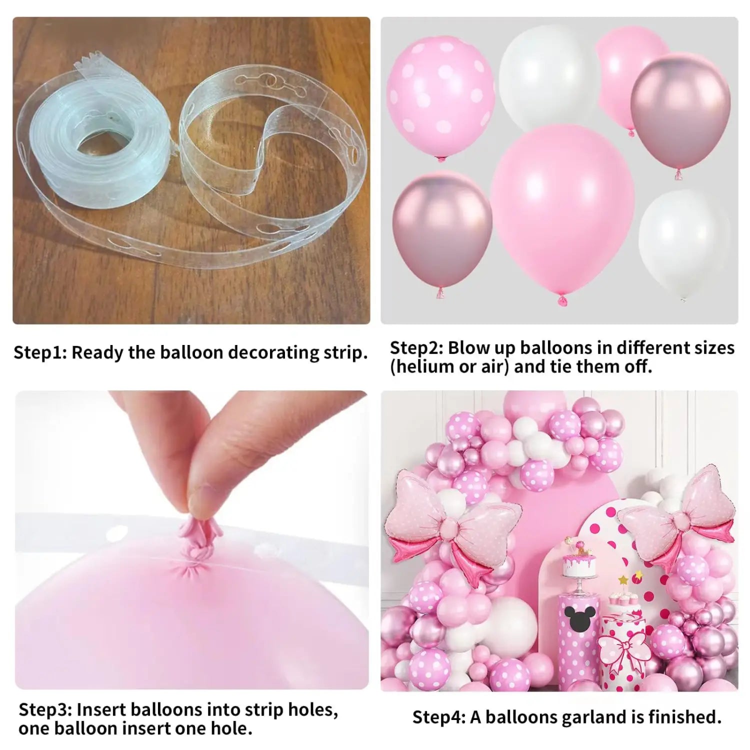 kit de arco de globos con lazo rosa que incluye globos de látex rosas y blancos con lunares, detalles metálicos en color rosa dorado y lazos decorativos para decoración de fiesta