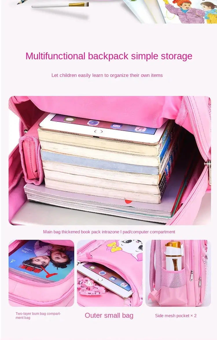 Rosa Katzen-Schulrucksack-Set für Mädchen mit einem rosa multifunktionalen Rucksack mit Cartoon-Charakter-Design und mehreren Fächern für Bücher, Tablets und kleine Gegenstände.