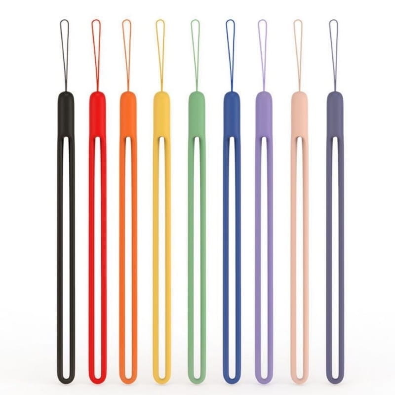 a set of silicone phone wrist straps 2 pack in rainbow colors featuring a looped top and smooth flexible silicone body for secure phone carrying
