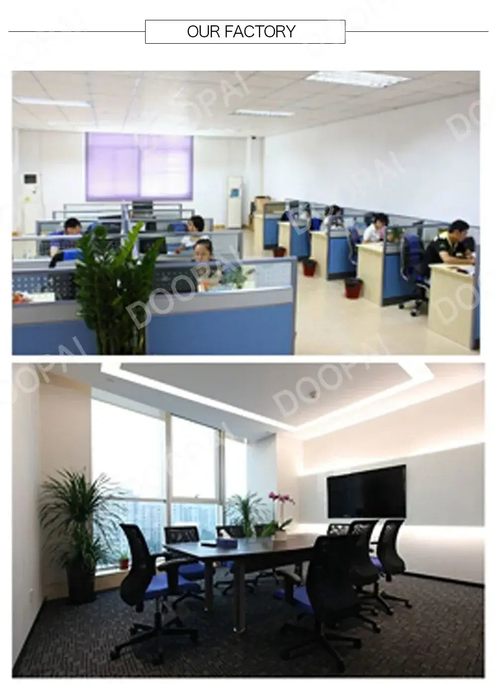 L’image montre des espaces de bureau où des employés travaillent dans des cabines bleu et beige, ainsi qu’une salle de conférence moderne avec des chaises ergonomiques noires, illustrant l’utilisation professionnelle d’une ceinture à cliquet en cuir pour homme avec boucle automatique.