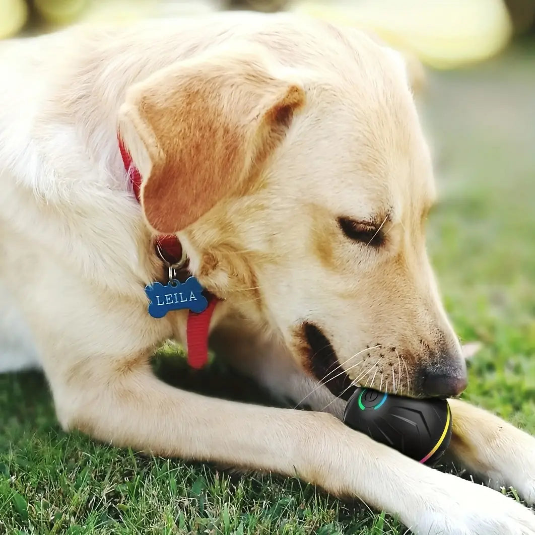 Black and neon green interactive dog toys smart rolling ball led with a glowing power button designed for engaging pet play.