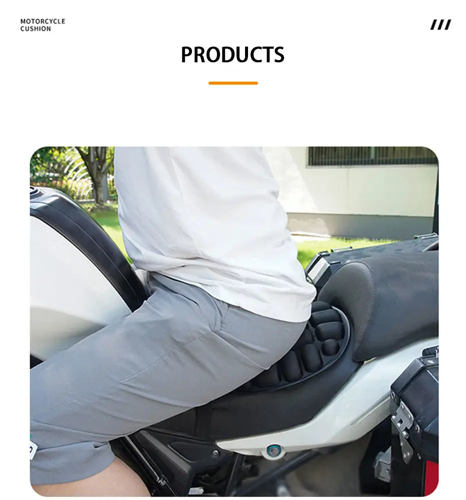 Cojín inflable negro para motocicleta con cámaras de aire segmentadas, fabricado en material EVA transpirable, para un soporte ergonómico en el producto de cojín transpirable de aire 3D de EVA para motocicleta.