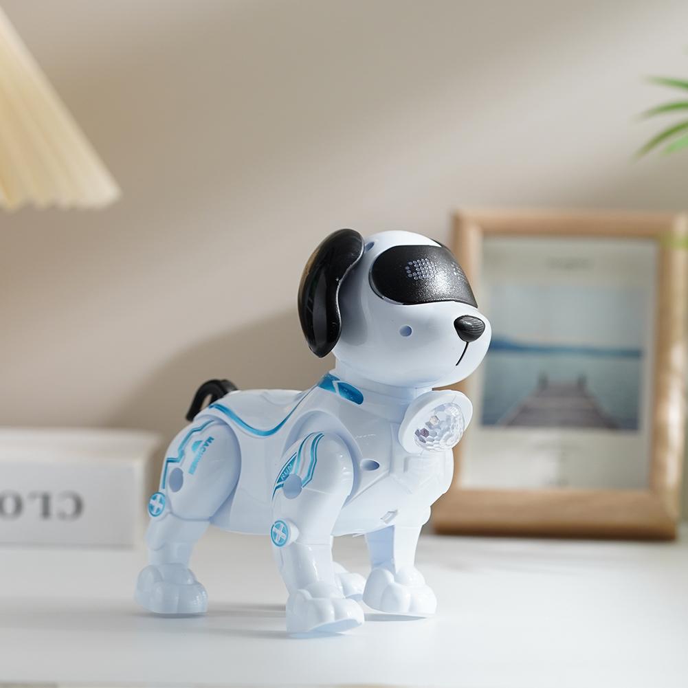 白と青のロボット犬を特徴とし、黒い耳、質感のある黒いアイカバー、胸部の発光LEDライトを備えたインテリジェントな音楽ロボット犬のインタラクティブ歩行玩具です。