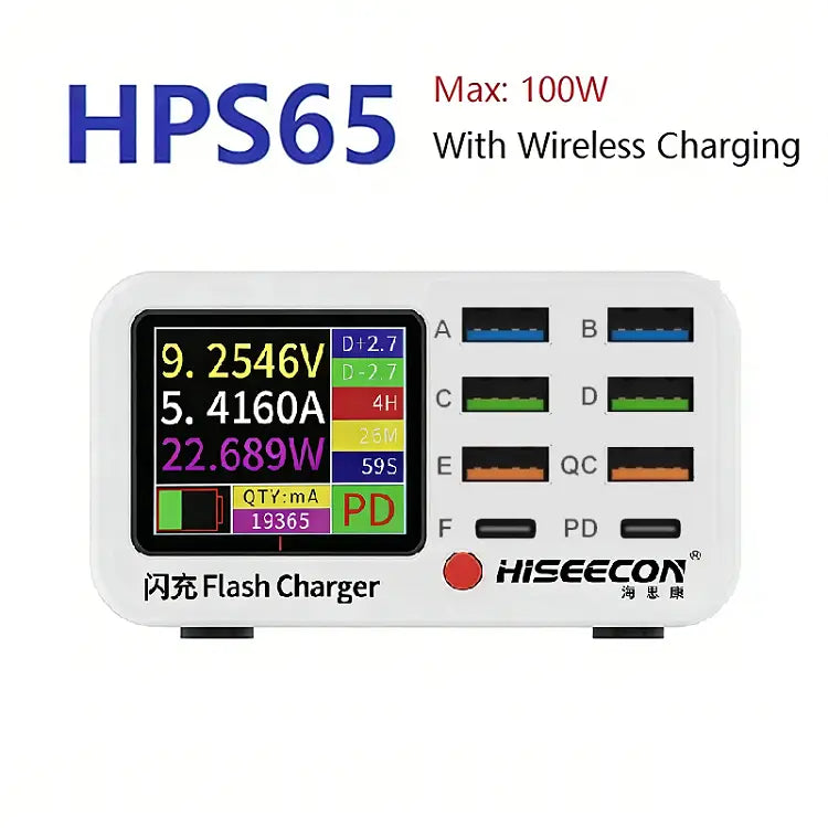 white hiseecon hps65 wireless charging block in white with a digital display showing real-time power metrics and six usb ports labeled a through f as a desktop charging station 100w usb multi port digital display.
