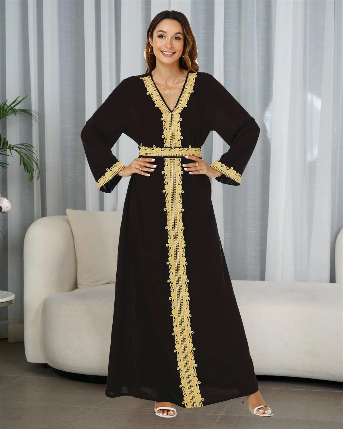 Gold Thread Lace Embroidery V-neck Waist Tied Dress Luxurious Elegant Ethnic Style Dignified Daily Gatherings Long Sleeved Robe