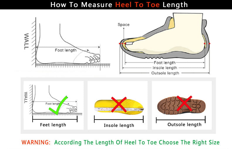 Diagrama ilustrado que muestra el método correcto de medición talón a punta para zapatillas casual de hombre transpirables para caminar en blanco y negro.