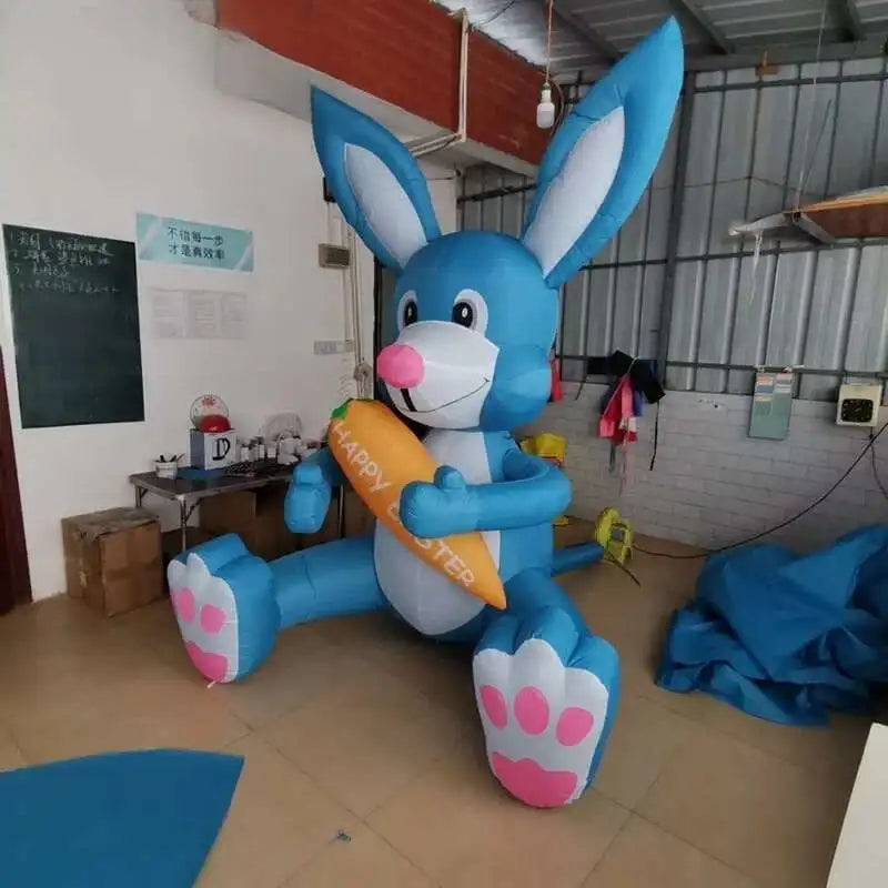 Easter Blue Bunny Holding Carrot, Iatable Cartoon Rabbit With Blower For Holiday Event Doorway, Party Decoration
