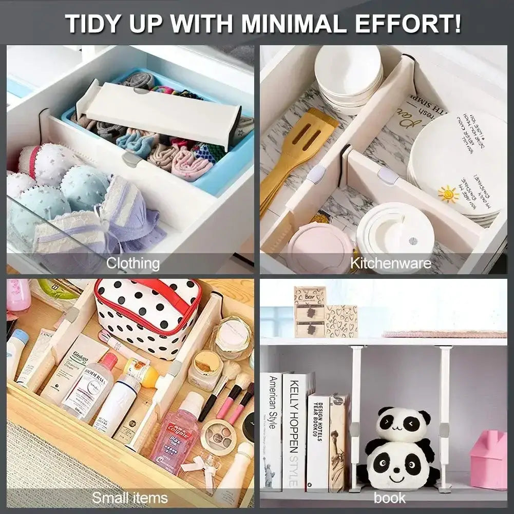 adjustable plastic drawer divider in white featuring sliding dividers and adjustable compartments for organizing clothing kitchenware small items or books.