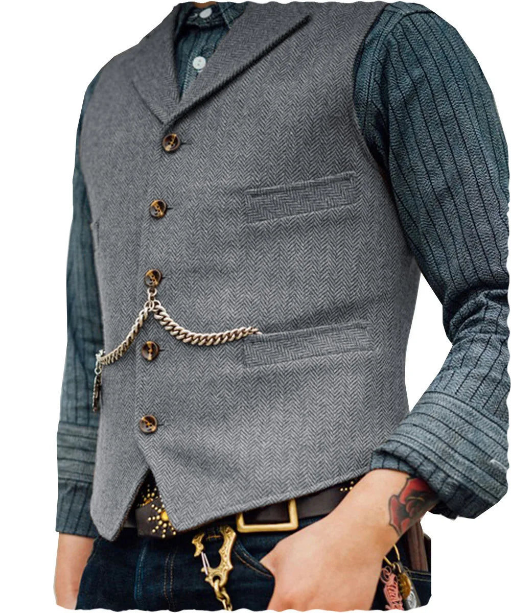 Mens Suit Vest Lapel V Neck Herringbone Casual Business Vest Waistcoat Groomman For Wedding Tweed Business Waistcoat