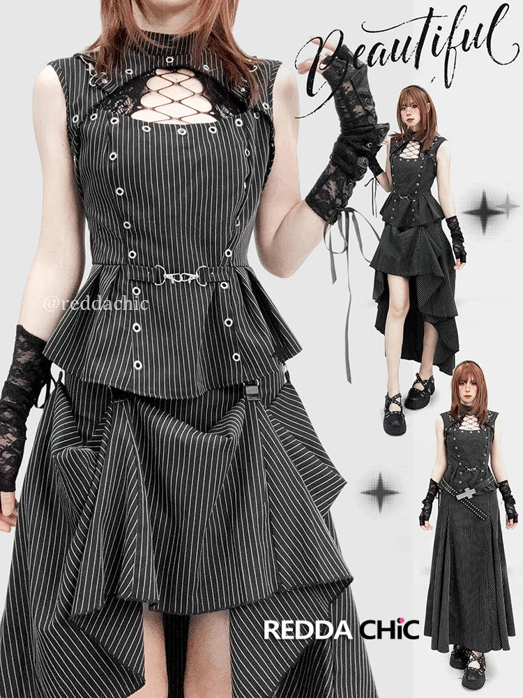 REDDACHiC Pinstripe Tank Top Skirt Women Matching Set Retro Mock Neck Sleeveless Blouse Hi-Lo Skirt Goth Music Festival Outfits
