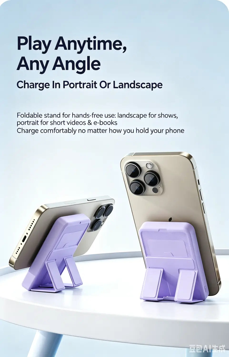 Purple foldable phone stand integrated with a magnetic power bank offering fast charging support for hands-free charging and viewing in portrait or landscape mode.