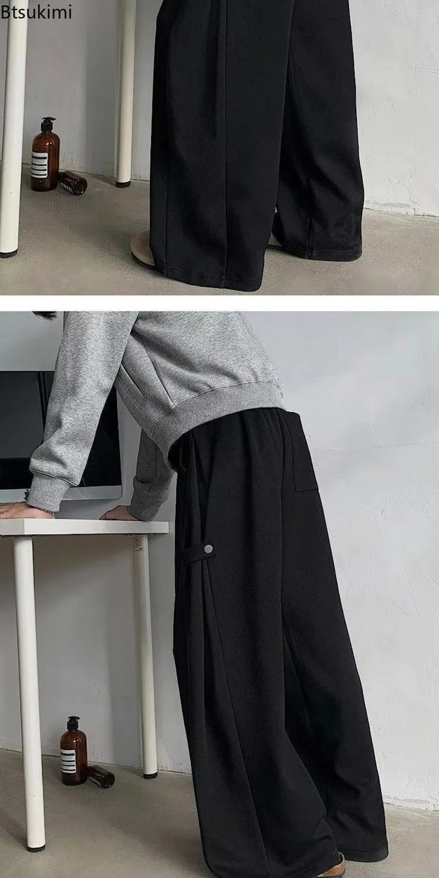 Men's Casual Wide Leg Pants Grey Black High Street Loose Fit Spring Autumn Heavy Weight Straight Tube Trousers for Men All Match