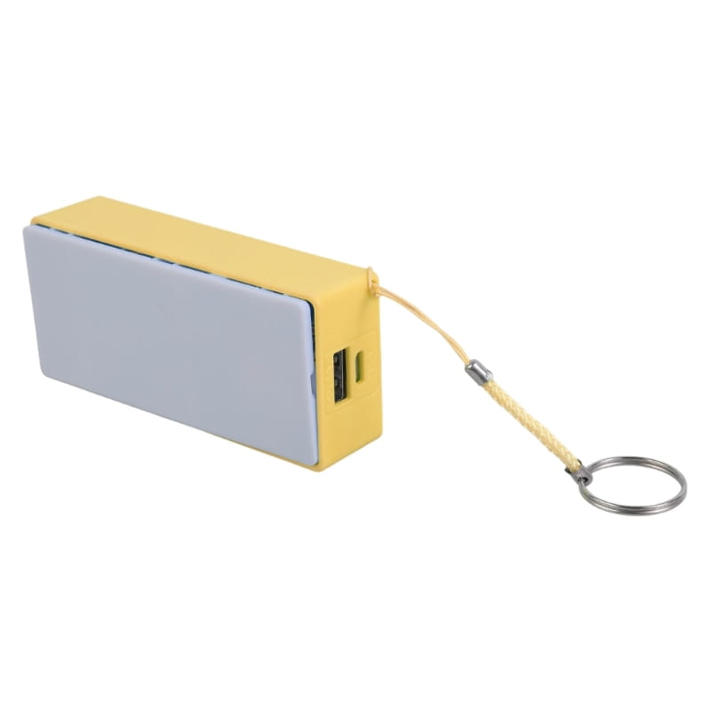 Banco de energía rectangular de color amarillo y gris tipo bricolaje para batería 18650 con accesorio de llavero para la carga portátil