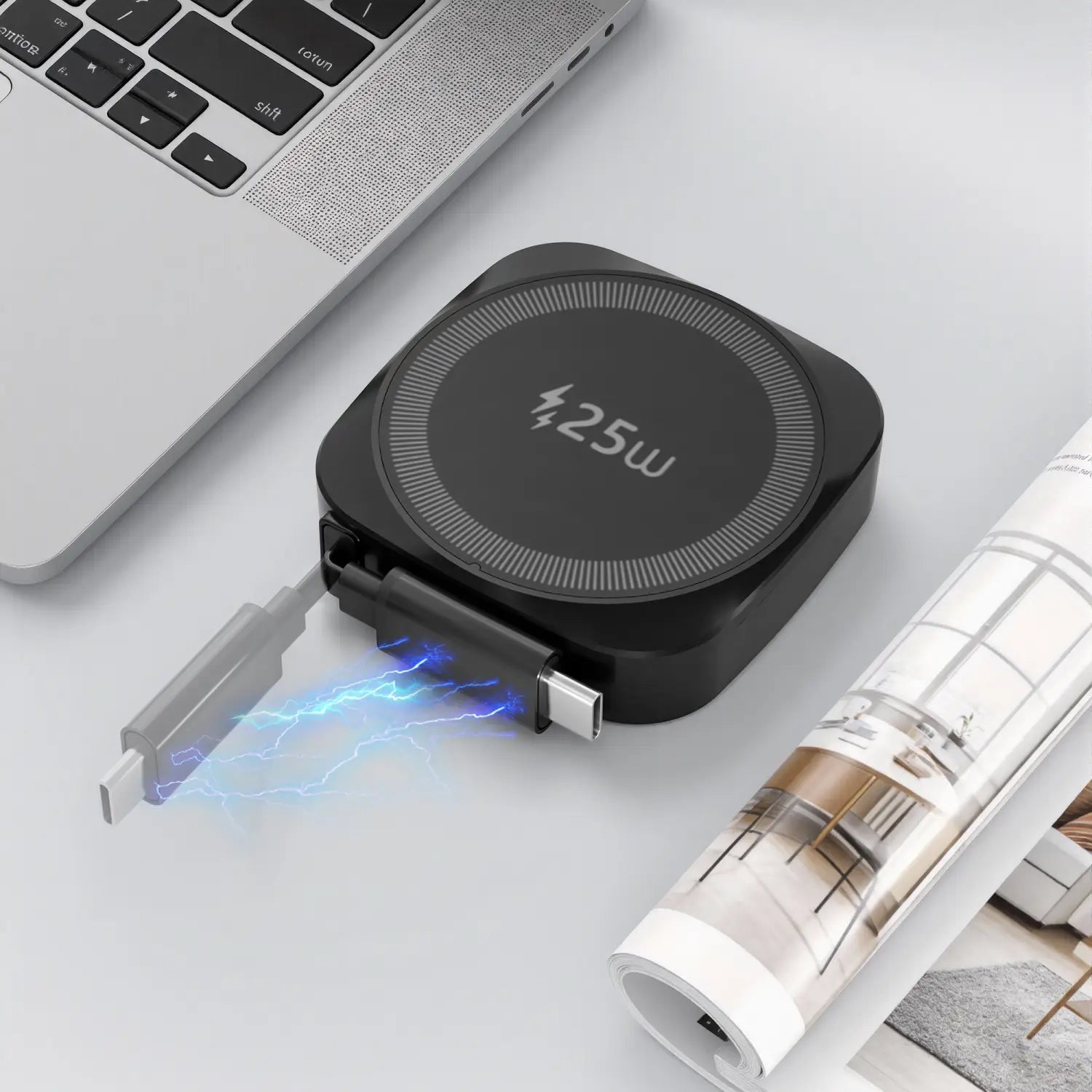 Schwarzes 25-W-Ladepad für kabelloses Laden mit rundem Design und USB-C-Anschluss, von der Rückseite dargestellt in dem Produkttitel „Orange 25W magnetisches Wireless Charger für iPhone“.