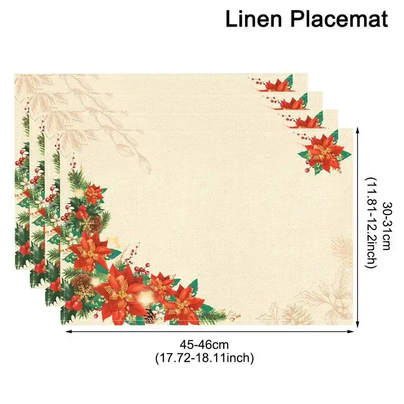 Dessous de table pour sapin de Noël en lin beige avec des poinsettias rouges, des branches de pin vertes et des touches dorées le long des bords, vue de dessus.