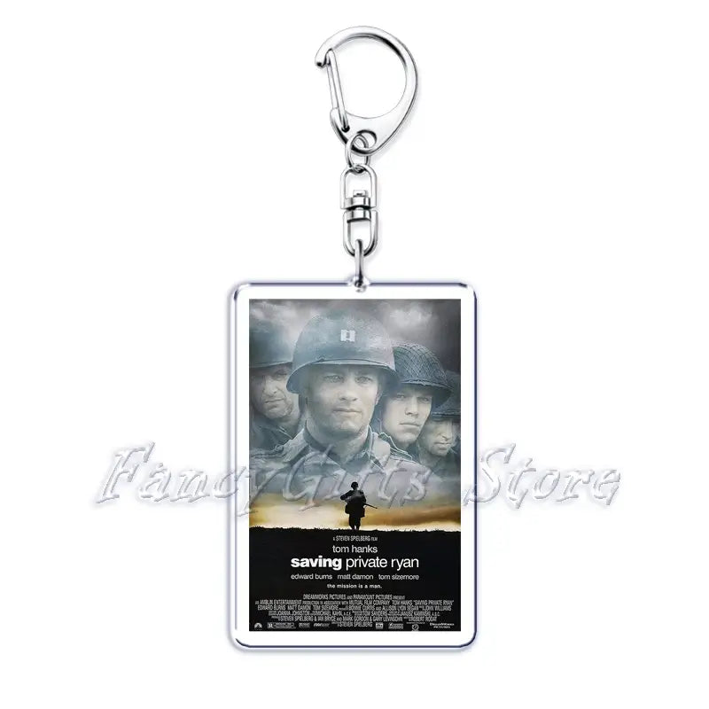 silver rectangular acrylic keychain featuring a printed movie poster of saving private ryan with tom hanks edward burns and other actors in military uniforms from the movie poster acrylic keychain set