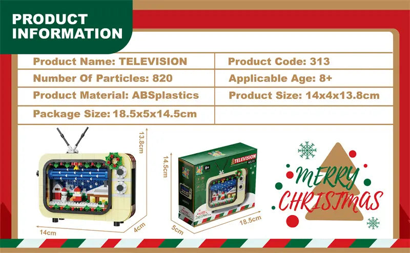 Juguete de televisión vintage de color crema, fabricado en plástico ABS, que muestra una escena navideña festiva en la pantalla para el juego de construcción de bloques en vacaciones.