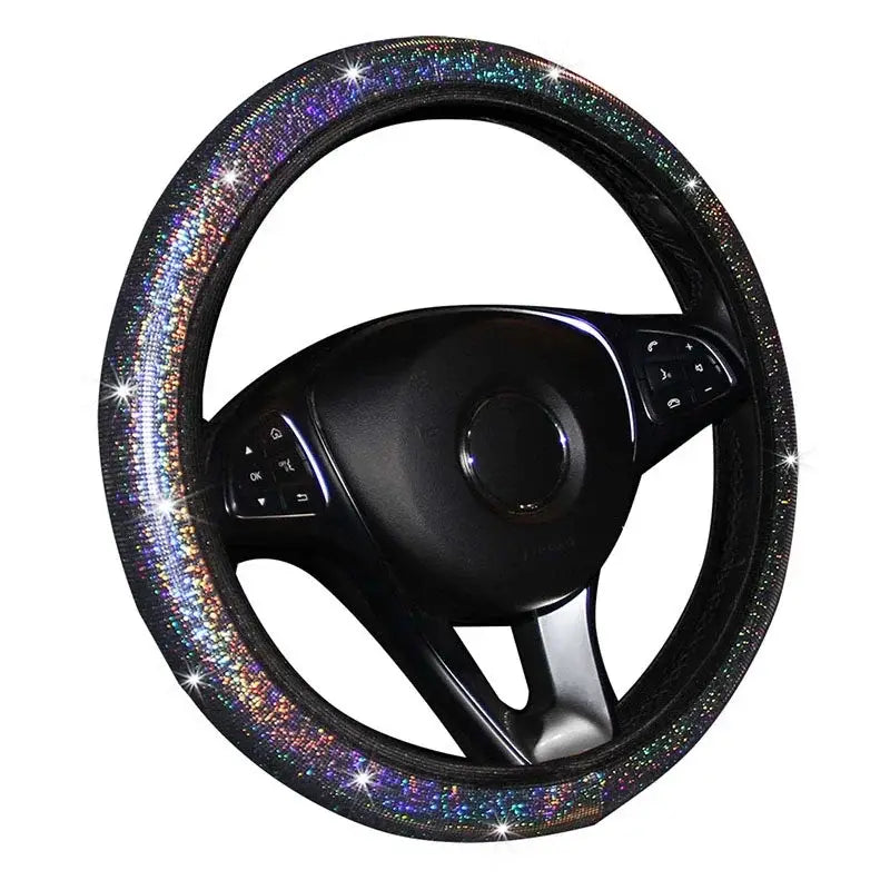 Juego de funda para volante con brillo rosa que presenta un diseño de pedrería iridiscente resplandeciente en color rosa para realzar de forma decorativa el interior del automóvil.