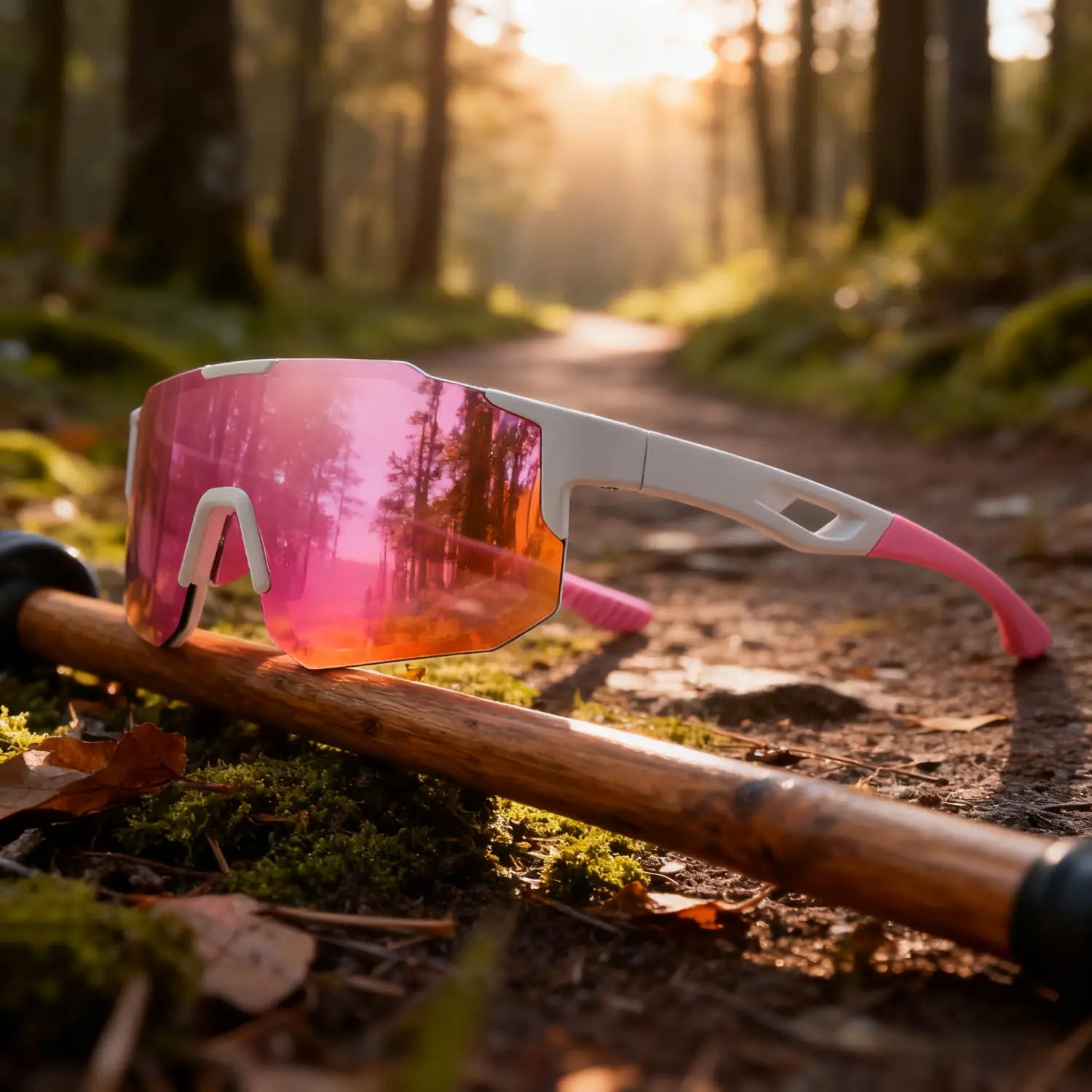Pink and white oversized wraparound sports sunglasses with reflective gradient lenses and uv400 protection resting on a wooden stick in a forest setting featuring unisex comfort fit and durable frame.