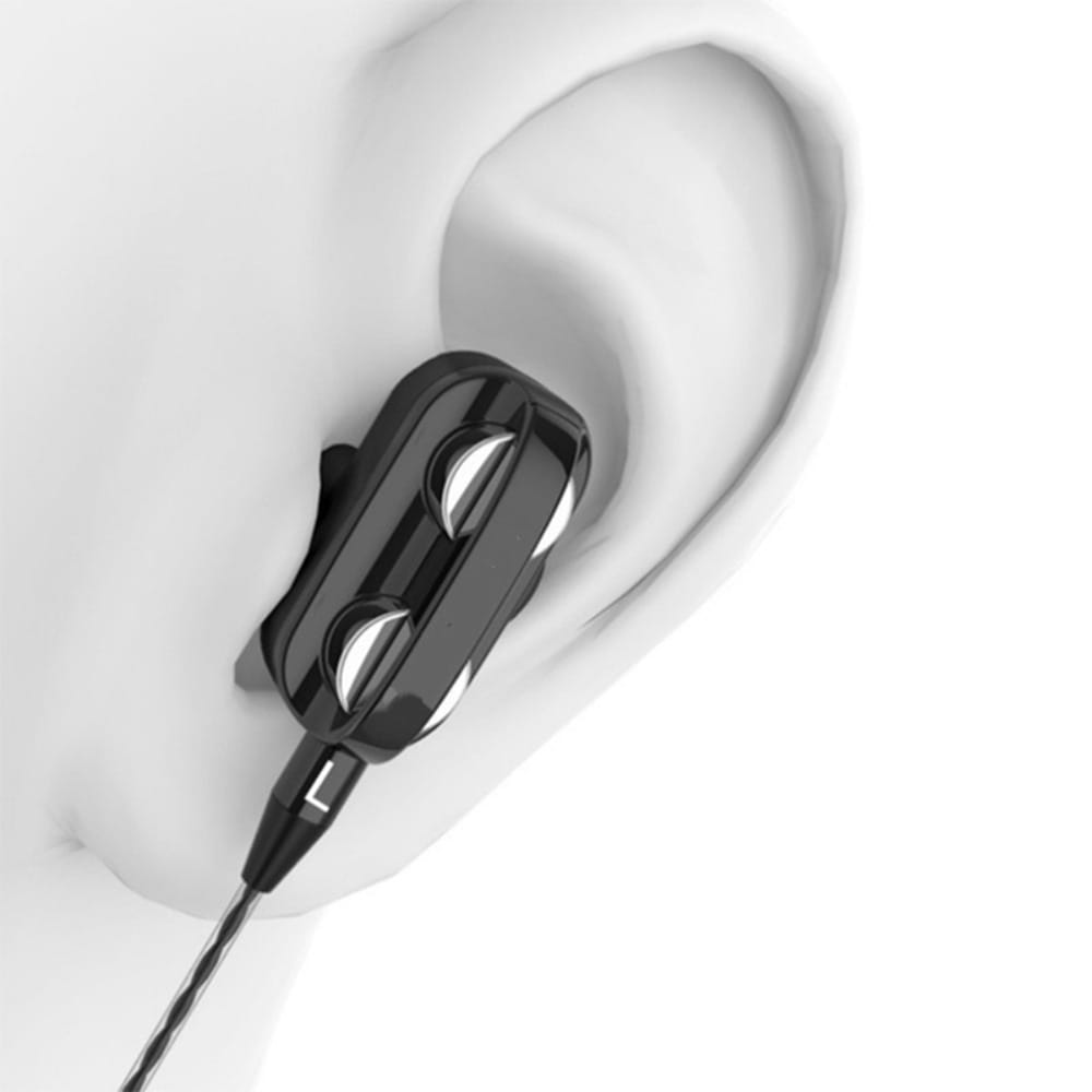 Écouteurs à double dynamique noirs avec finition brillante élégante et deux boutons de commande circulaires sur le côté, câblés avec un connecteur de casque stéréo 3,5 mm