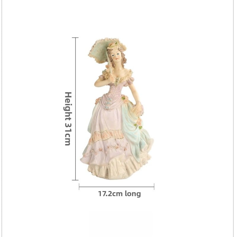 A delicate porcelain figurine of a woman in an elegant multi-layered pastel gown with lace trim and floral accents from the victorian couple resin figurine home decor collection.