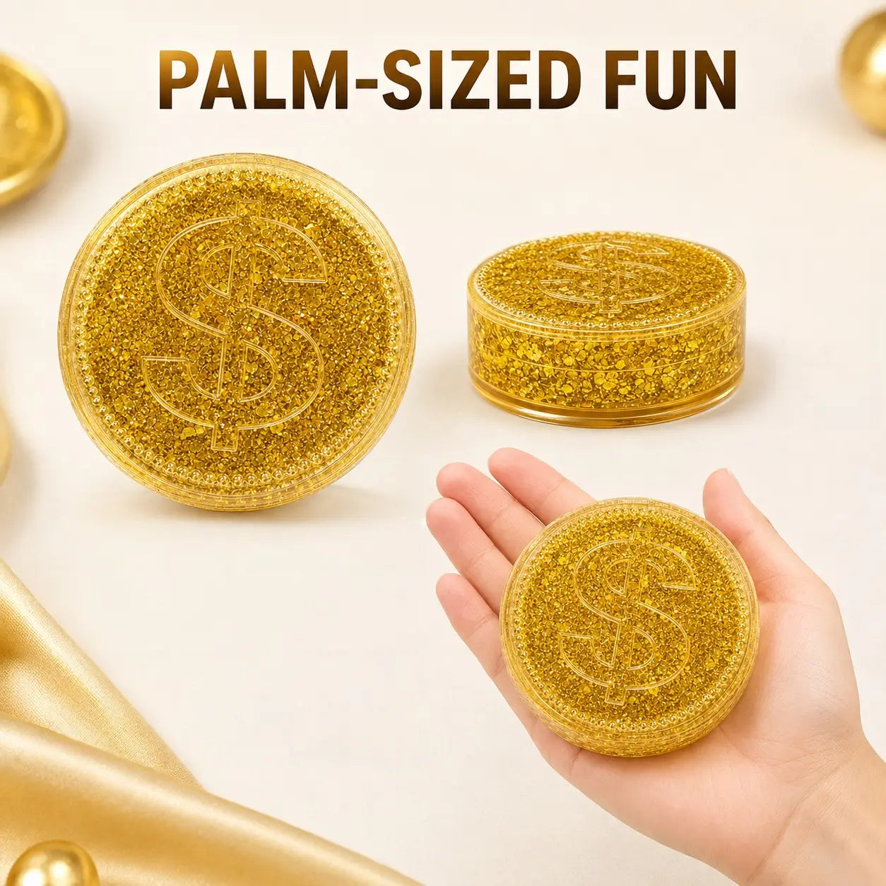 Geldmünzen-Quetschspielzeug mit glitzerndem Stressabbau- und Knetdesign, mit goldfarbenem glitzerndem, handflächengroßem Münzen-Partyfavor-Design mit erhabenem Dollarzeichen