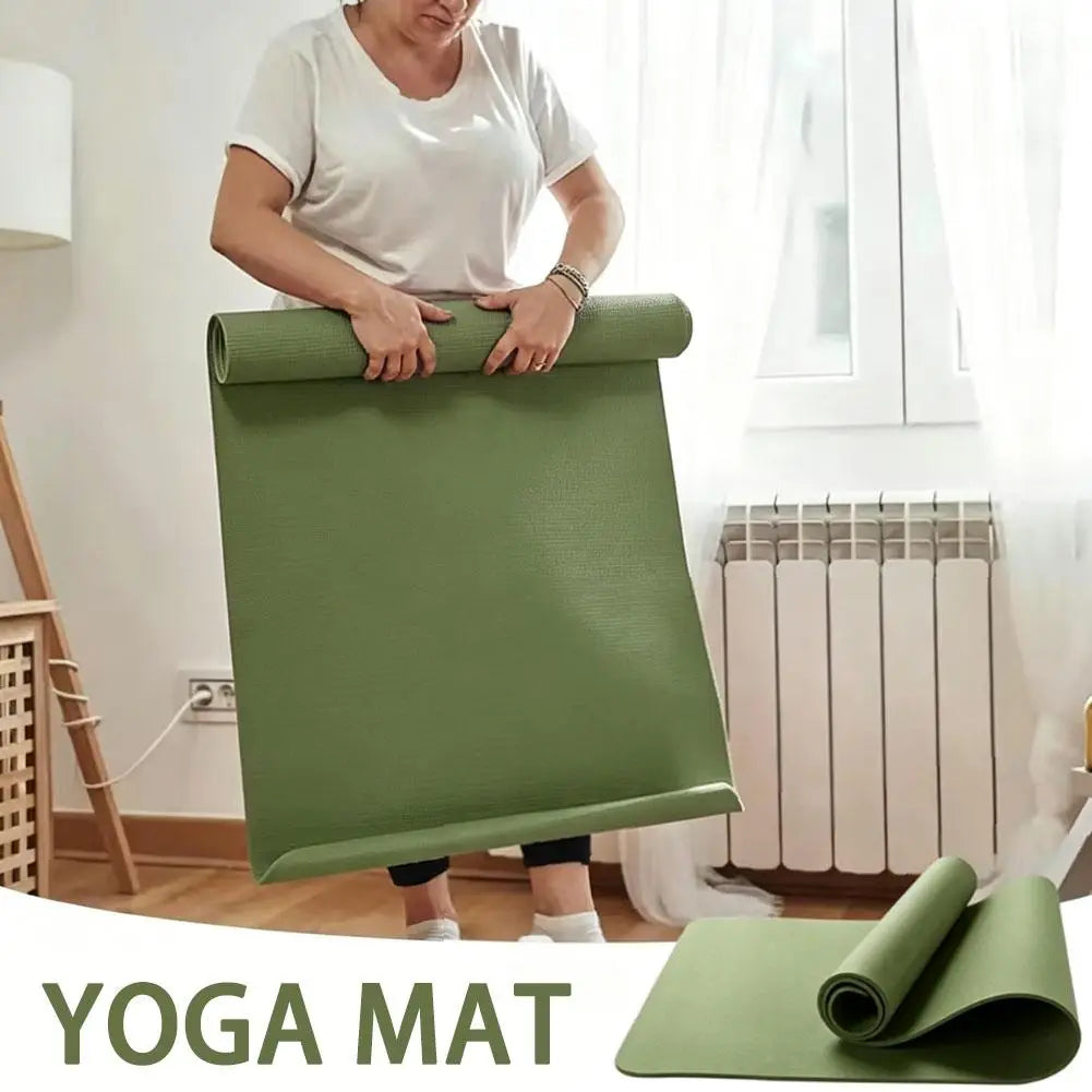 A solid olive green foldable Eva exercise mat with a textured surface rolled up and held by a person for yoga and fitness.