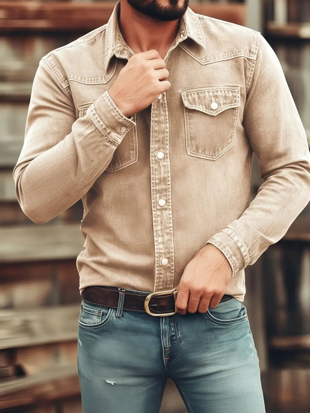 Beige denim button-up shirt with two chest pockets and a classic collar for men’s vintage casual workwear.
