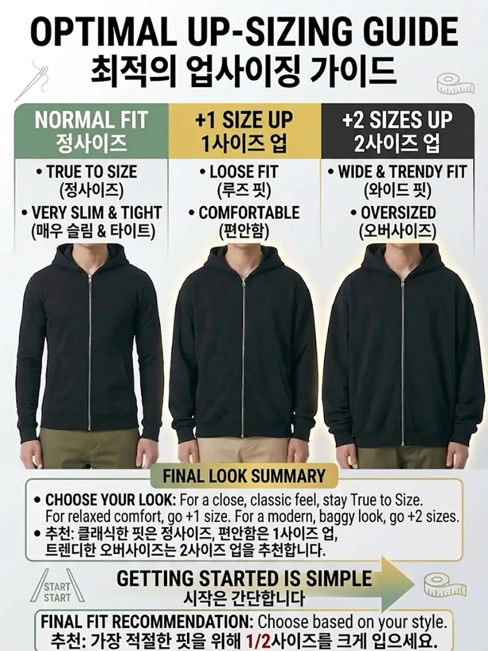 Black zip-up hoodie with front zipper and hood displayed in three fit styles normal loose and wide as part of the men waterproof hiking jacket windbreaker outdoor hooded coat collection.