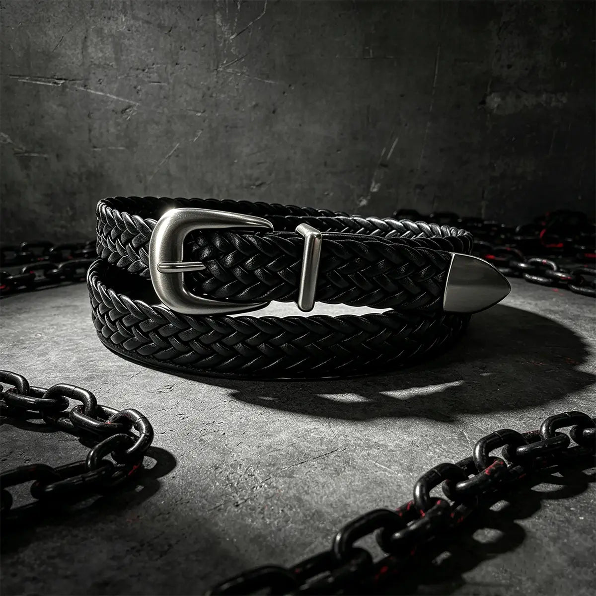 Black braided leather fashion belt male with a silver-toned buckle and tip, luxury designer punk style waistband with belt male cross detailing.