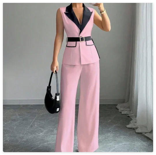 Women's Office Lady Ensemble Outfit Autumn Sleeveless Straight Leg Pants Set Classy Bandeau Elegant Style Top And Vest 2 Set