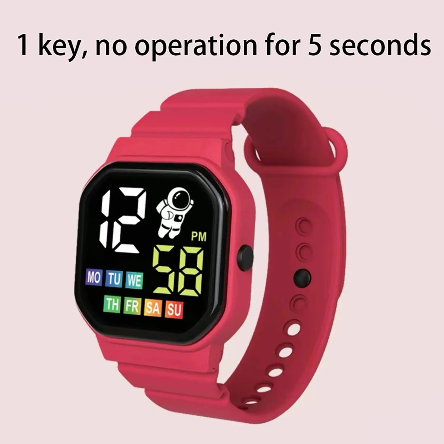 Kids astronaut led digital watch white featuring a vibrant red display with a playful astronaut graphic and colorful day-of-week indicators.