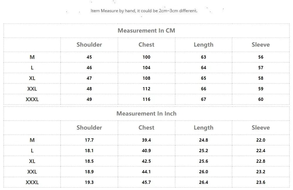 Size chart for men embroidered tiger denim jacket showing measurements in centimeters and inches for sizes M to XXXL.