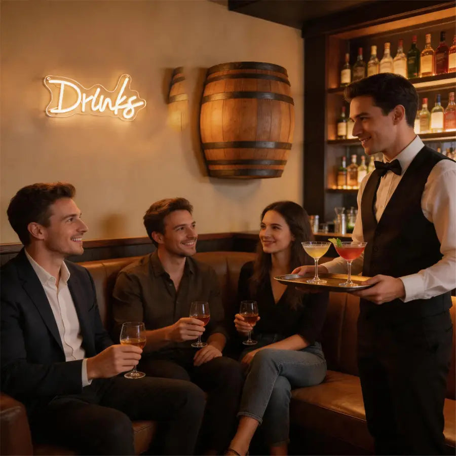 un tonneau en bois avec des cerclages métalliques foncés monté sur un mur, dans le cadre d’une décoration murale à LED pour enseigne au néon « drinks » en cursive