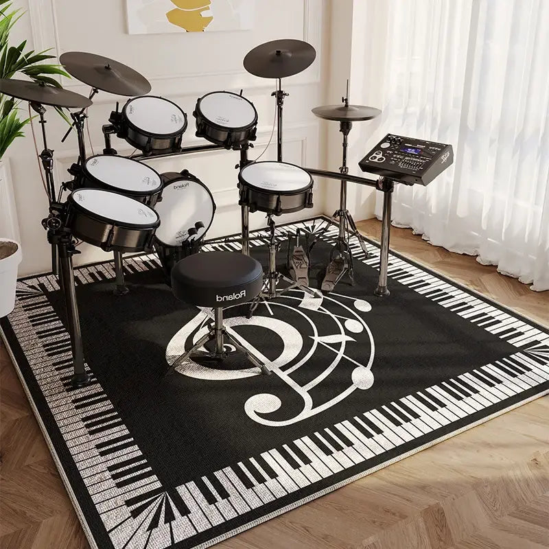 Alfombra de área de notas musicales en blanco y negro para alfombra de sala de estar, con un patrón de teclas de piano con un gran diseño de nota musical en el centro.