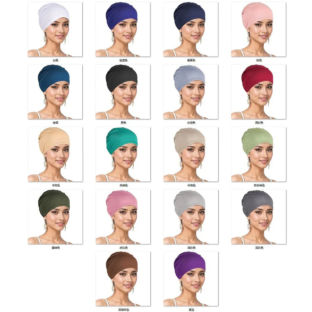 Muslim Headscarf Women's Solid Color Stretchy Turban Chemo Hat for Adult Women Hair Loss Pre Tied Skull Cover Cap