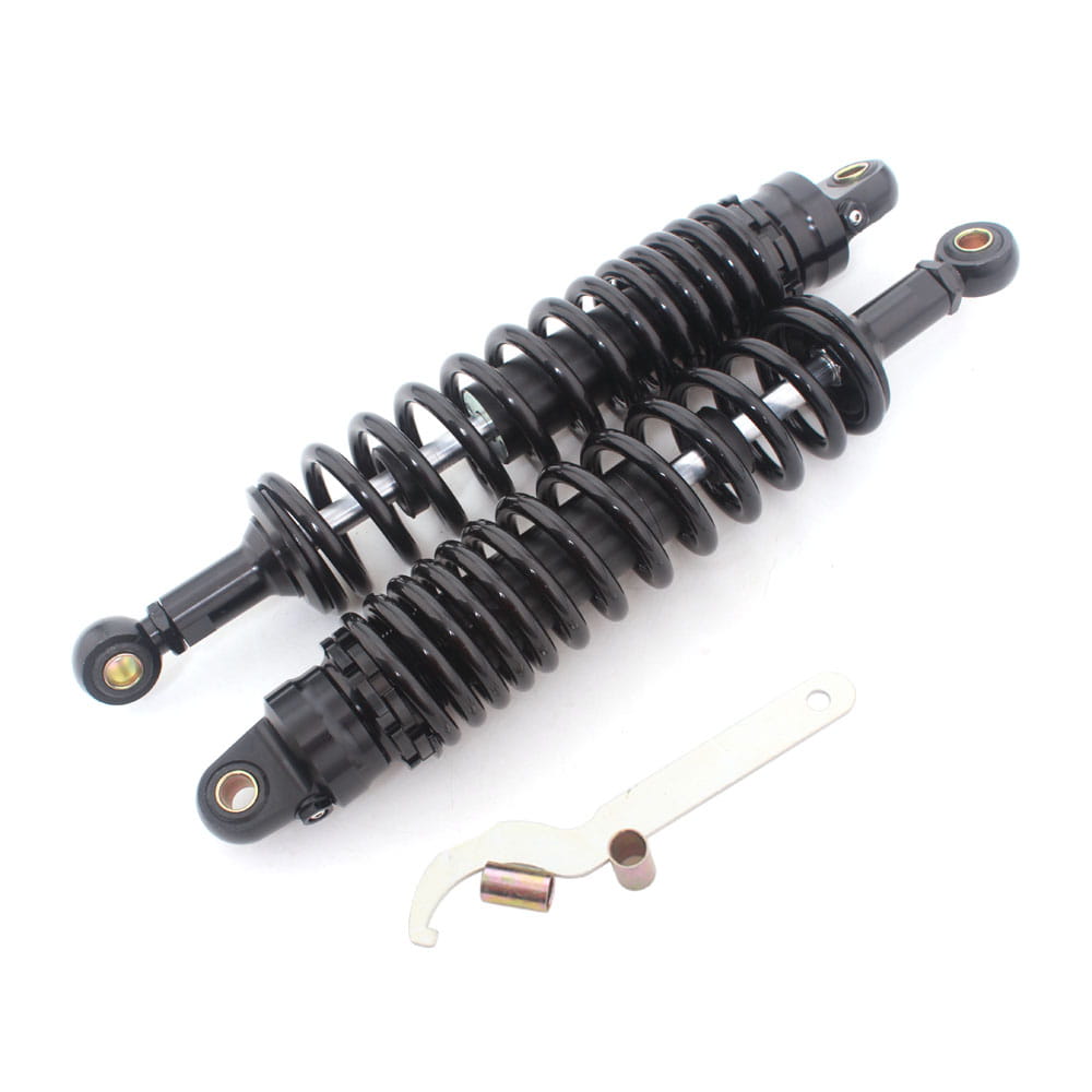 360mm motorcycle rear shock absorbers pair in black featuring coiled springs and metallic fittings shown from the back side.