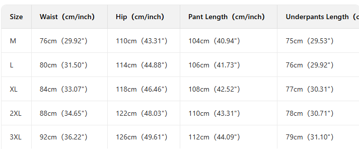 La imagen muestra una tabla de tallas para pantalones cargo casuales para hombre, de corte holgado, con medidas en centímetros y pulgadas para las tallas M hasta 3XL.