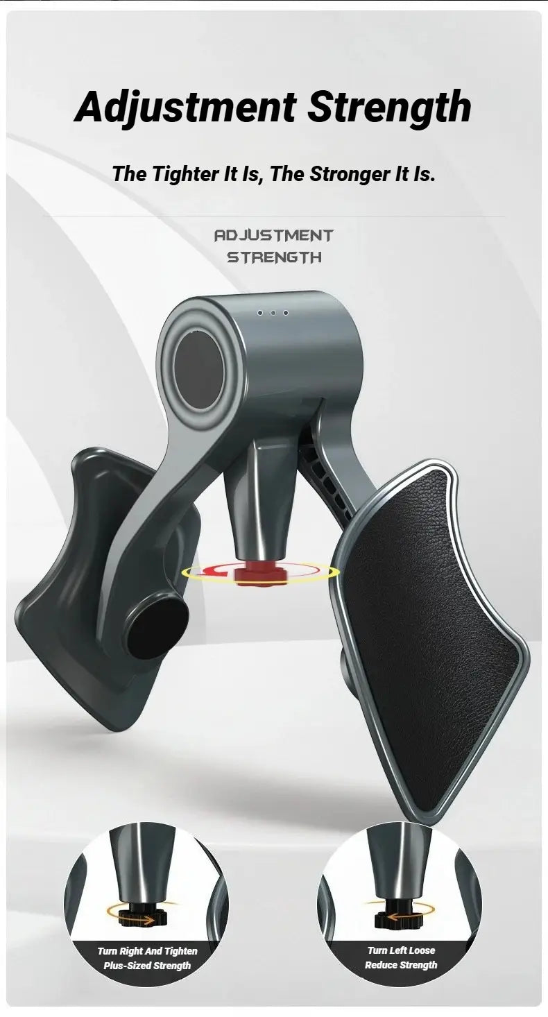 Black plastic and rubber adjustable pelvic floor muscle trainer and buttock exerciser with ergonomic grips for strength training.