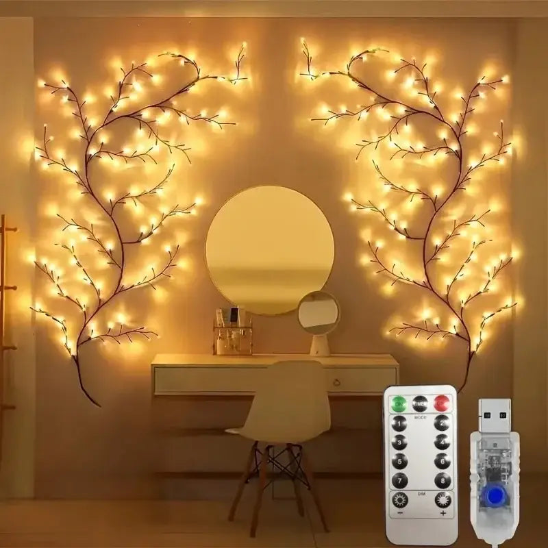 Guirlande d’éclairage féerique en rotin de saule alimentée par USB, comportant des guirlandes de LED blanc chaud conçues comme de délicates branches d’arbres, avec une armature en fil brun foncé et une télécommande intégrée permettant de régler les paramètres.