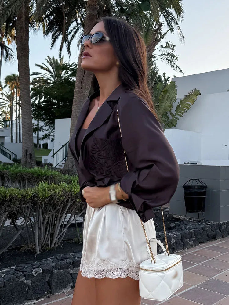 HH Woman Fashion Chic Single-Breasted Embroidery Decorate Slim Translucent Blouses Women Lapel Long Sleeves Loose Shirts