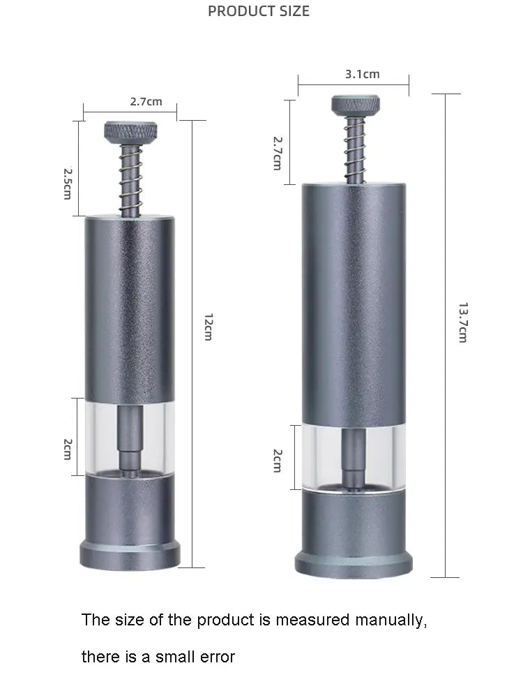 Gray metallic cylindrical feeder mini meat grinder with transparent central chamber and threaded top screw for aquarium accessories small fish food dispenser.