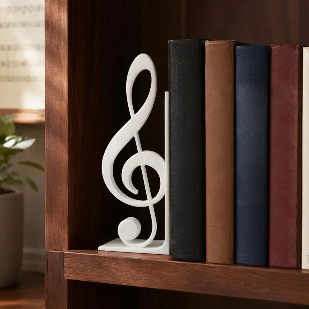 Weiße Kunststoff-Buchstütze in Form eines Violinschlüssels, entworfen als Zubehör für 3D-gedruckte Musikdekoration.