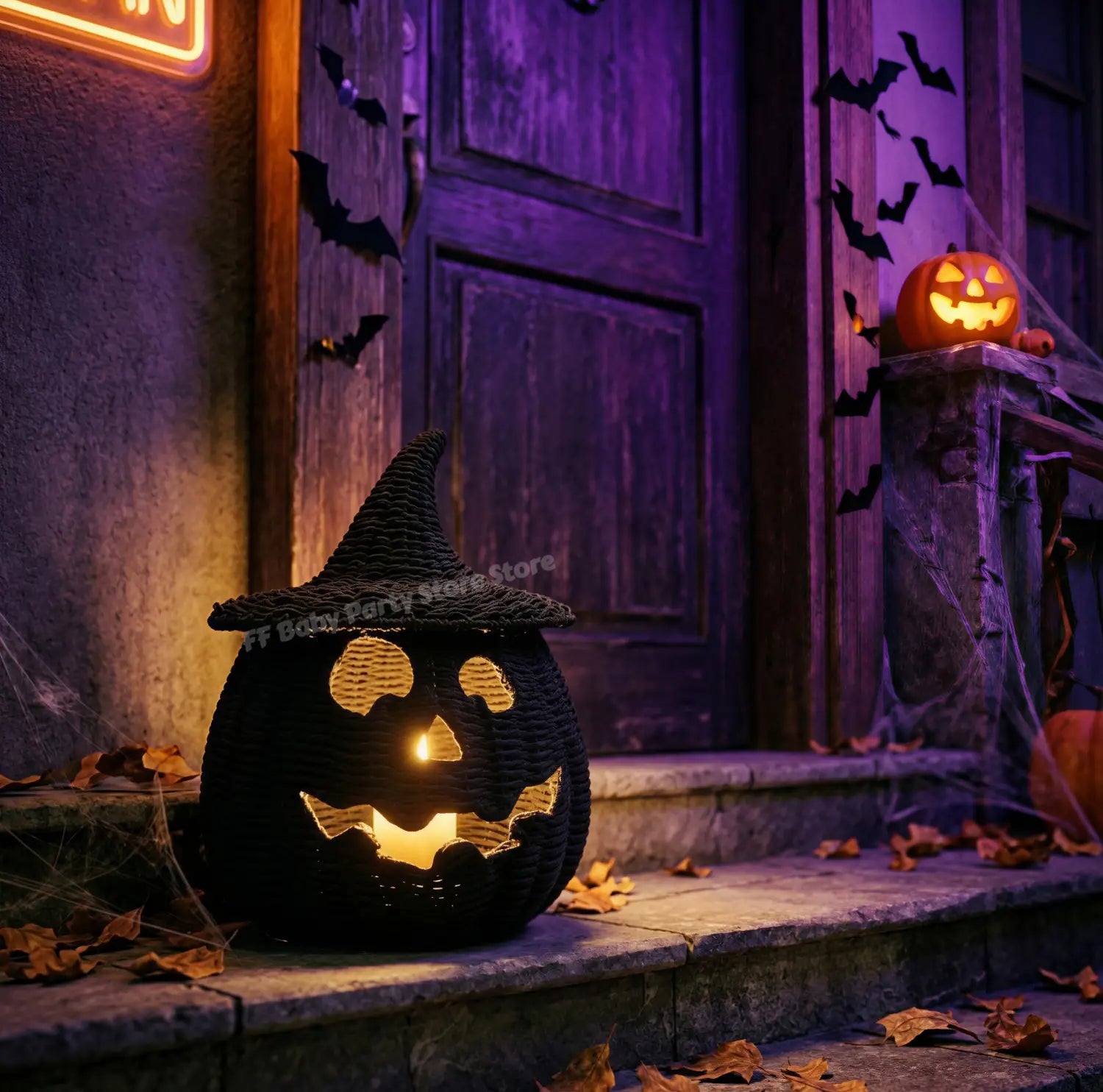 Geflochtene Kürbislaterne mit schwarzem, geflochtenem Hexenhut und orangefarbenem Innenlicht für die Halloween-Dekoration.